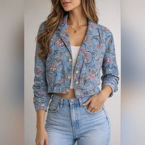 Lizwear Petite Floral Cropped Jacket Blue Pink Button Front Size M